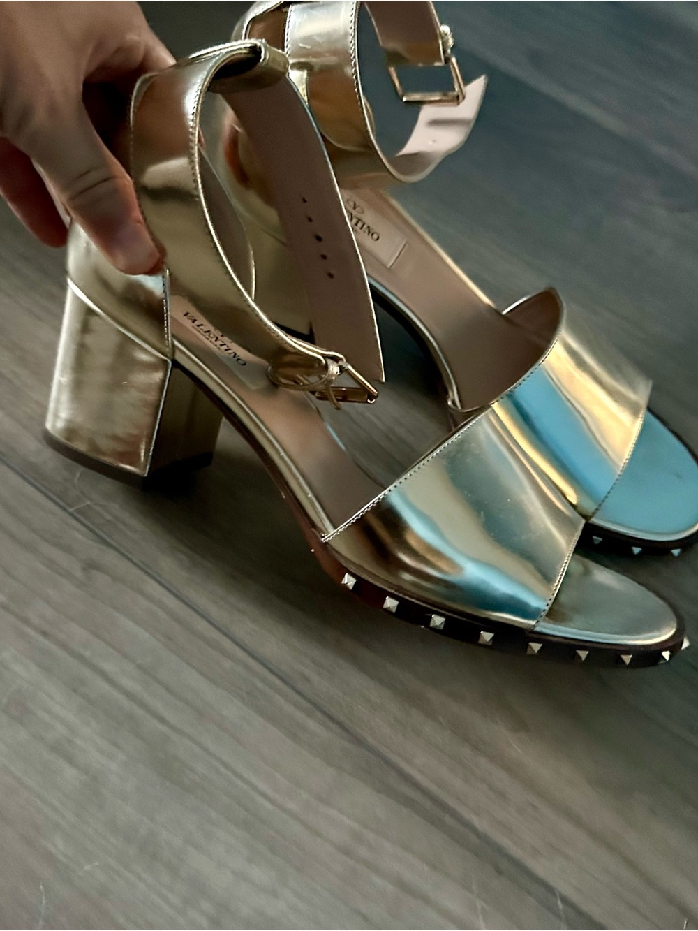 Valentino rockstud Gold Patent Block Heel Sandals with Stud Trim